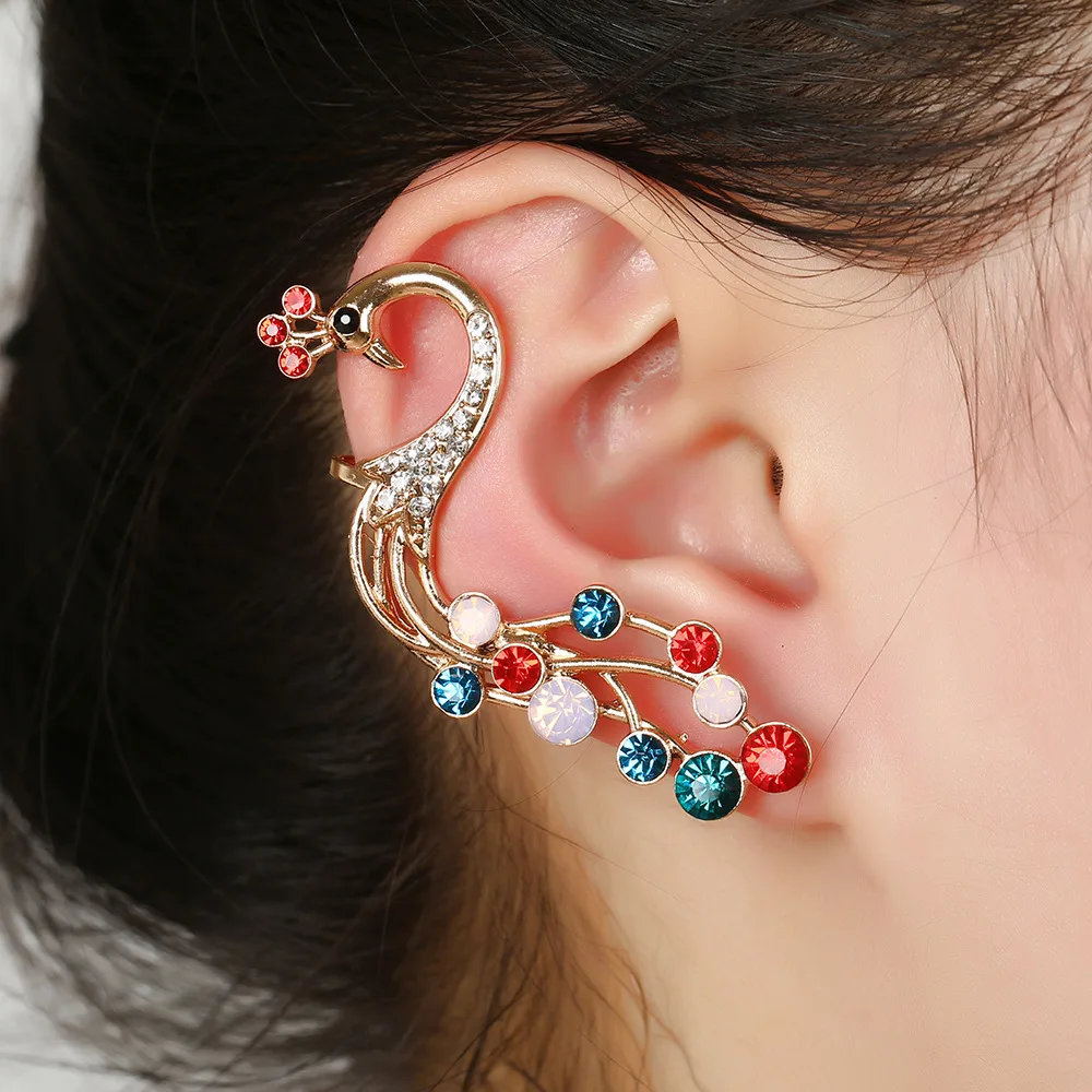 1pcs Right Left Ear Clip Fashion Colorful Peacock Earcuff Jewelry