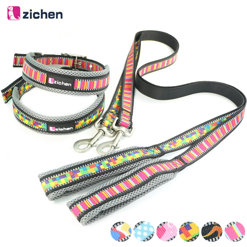 

Zichen Pet Dog Leash Collar Adjustable Printing Reflective Breathable Mesh Nylon Durable For Dogs Collars Leash Set Training S-L