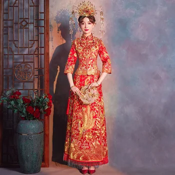 

Ancient Red Chinese Women Qipao Vintage Suzhou Embroidery Dragon Phoenix Bride Wedding Dress Full Length Tang Suit Clothing