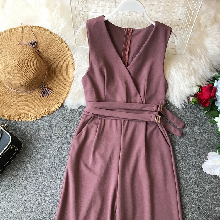 Sleeveless V-neck High Waist Sashes Wide Leg Jumpsuit