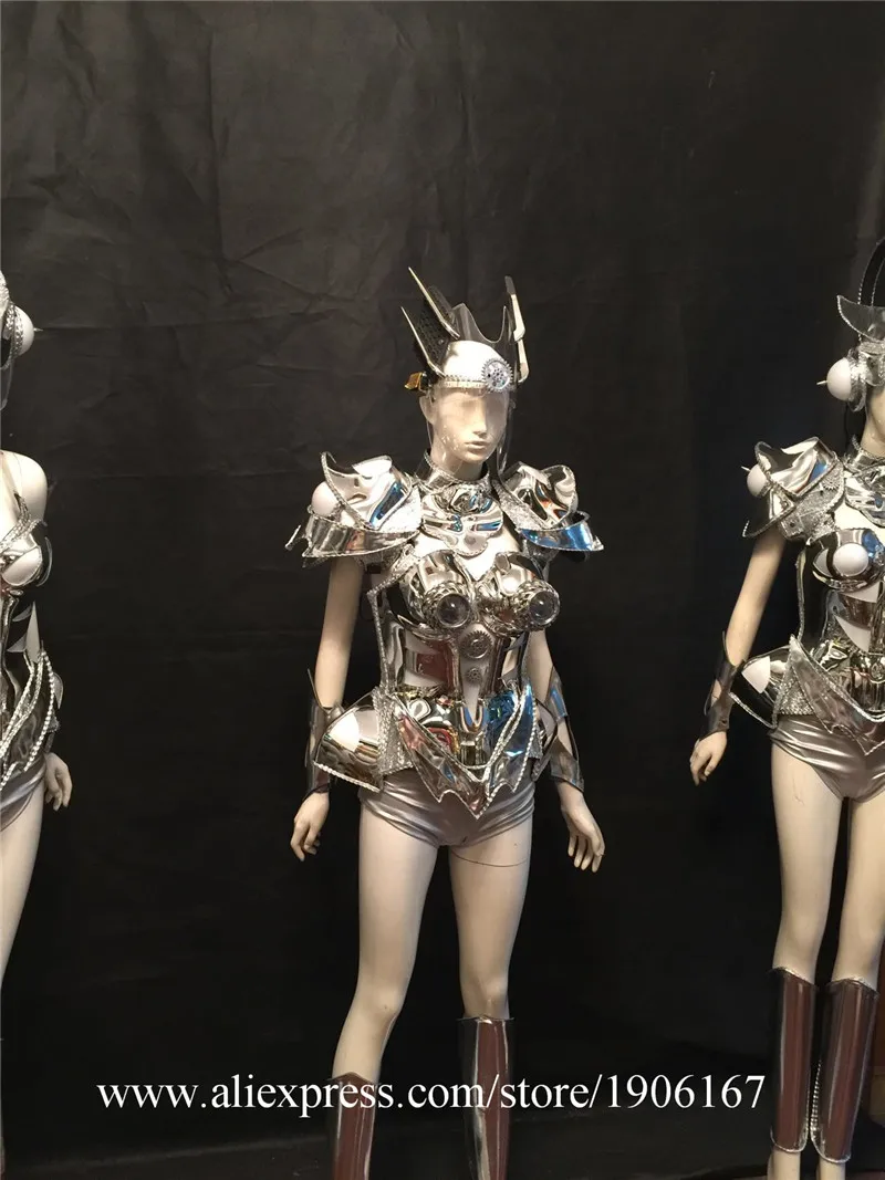 Silver bar ballroom dance led costumes helmet lighted sexy dresses singer wears stage models car robot clothes music dj06
