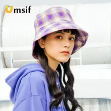 Обувь на плоской подошве Топ и клетчатые ведро Шапки для Для женщин хлопковая Панама с широкими полями шляпа Новинка весны Повседневное Для женщин летний женский головной Убор От Солнца шляпа шапки