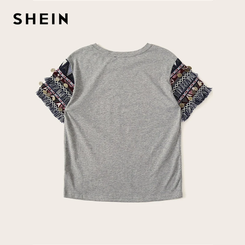 SHEIN, народный стиль, бахрома, отделка, Heathered Tee, Повседневная футболка, женская,, летняя, короткий рукав, эластичная, Boho, Милая футболка, топы