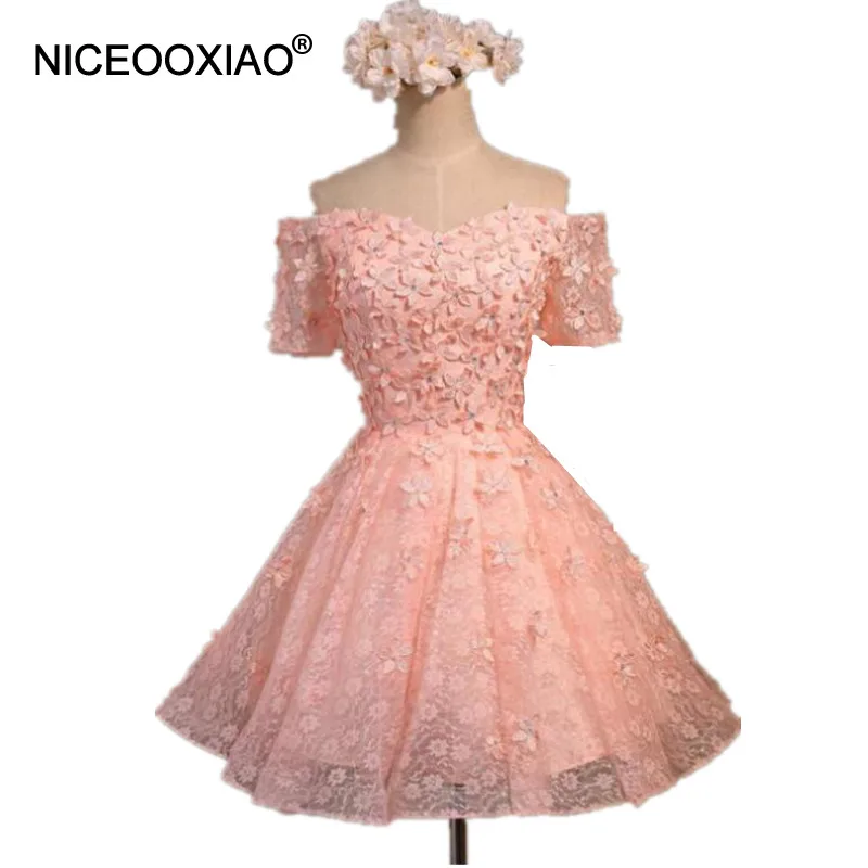 NICEOOXIAO Pink Short Evening Dress Embroidery with Lace Beaded Sleeve Party Ball Gown Formal 2019 Robe De Soiree | Свадьбы и