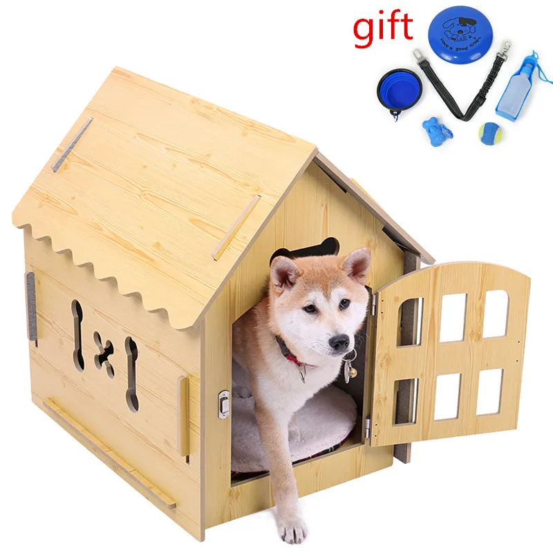 

Pet House Indoor Natural Wooden Hide Shelter Bed With Door Hollow Cutting Kennel Double Colored Dog Cat House Sleep Pets Cage