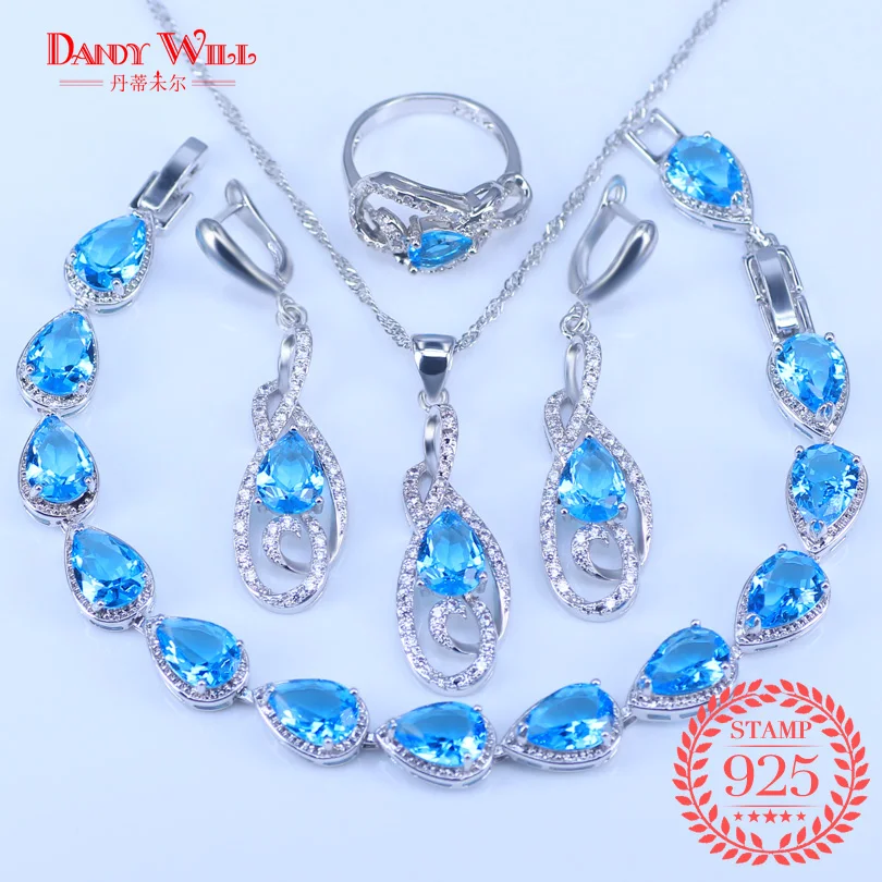 

4PCS 2018 New Arrival Attractive Sky Blue Stones Jewelry Sets 925 Sterling Silver Jewelry For Women Jewelry With Top AAA+ CZ