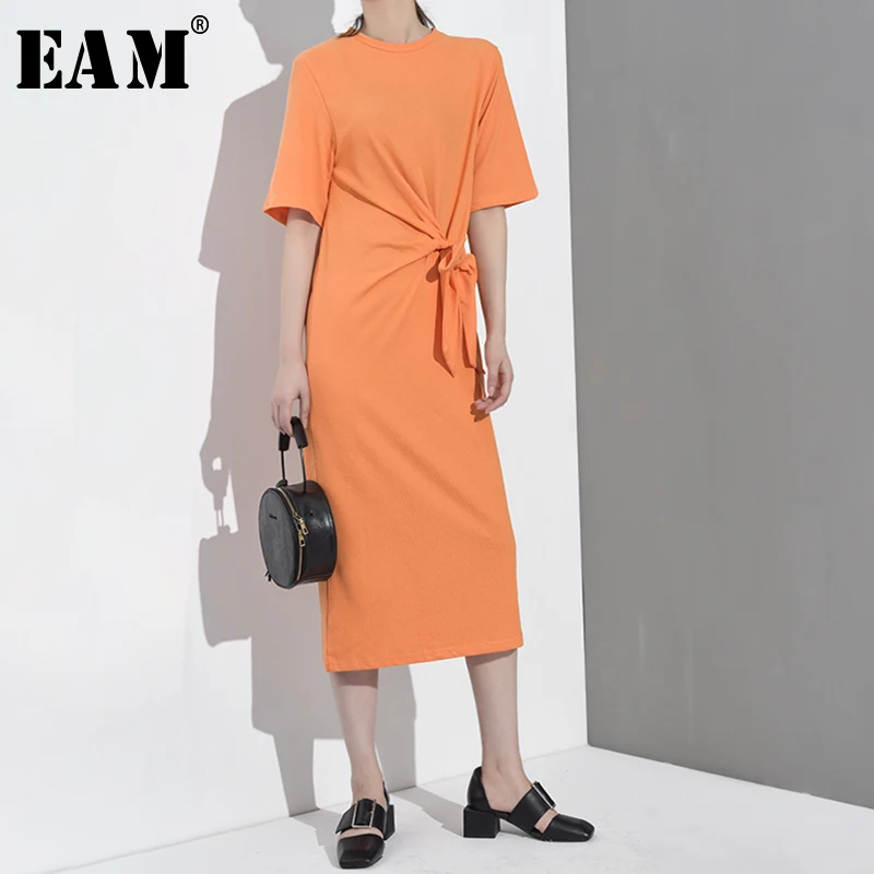 

[EAM] 2019 New Spring Summer Round Neck Short Sleeve Orange Waist Bandage Knot Temperament Dress Women Fashion Tide FN4521
