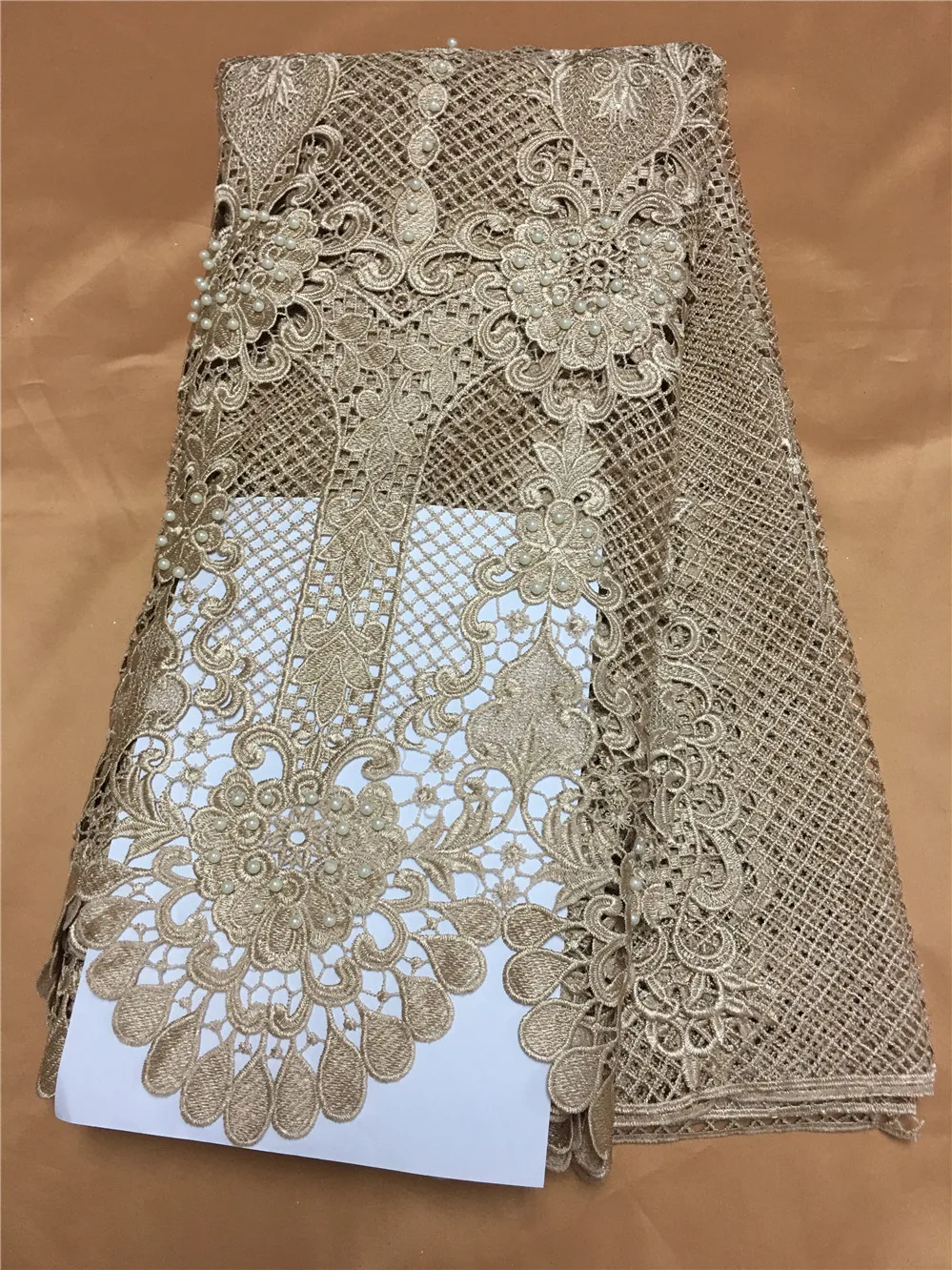 

2017 Latest design african guipure lace fabric with white beads high quality nigerian cord lace fabric for wedding