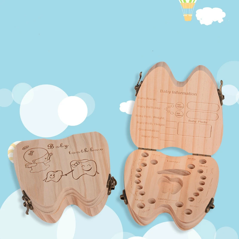 

Baby Wood Tooth Box Organizer Milk Teeth Storage Collect Teeth Umbilica Save Gift Spanish/English/Dutch/Russian/French Teeth Box
