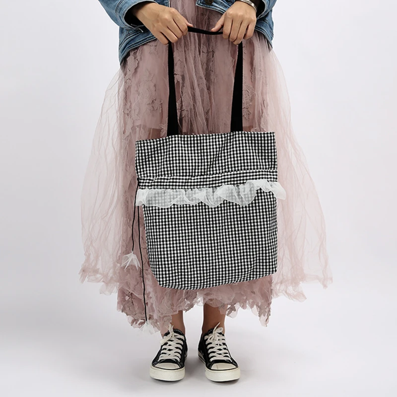 YILE Grid Check Canvas Shopping Tote Shoulder Bag White Organza Falbala Trim ZT02b | Багаж и сумки