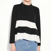 Новинка, женские топы, черно-белые модные топы с оборками, футболка с длинным рукавом