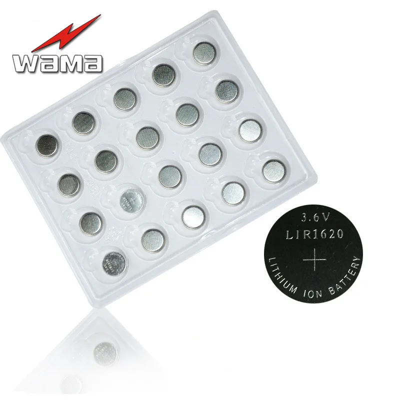 

20pcs/pack Wama LIR1620 Rechargeable Button Cell Battery 3.6V Coin Batteries Replacement CR1620 Wholesale Price