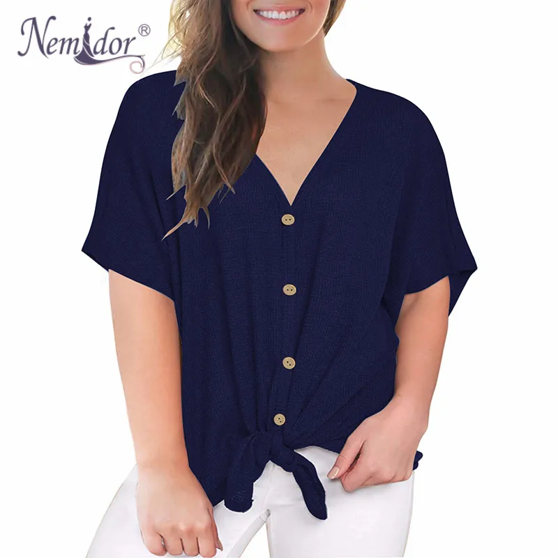 Nemidor Women's Casual Short Sleeve V Neck Button Down T Shirts Tie Front Knot Summer Loose Tops Blouses (10)