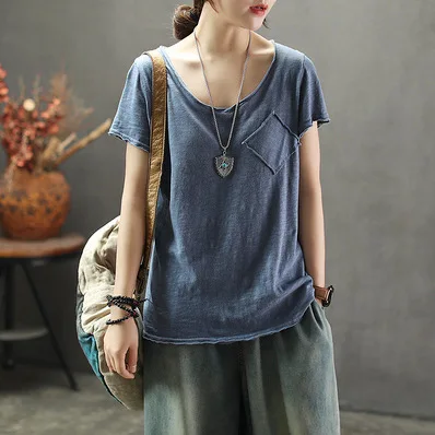 

Summer T-shirt Women Retro Loose Pullovers New Tops O-Neck Short Sleeve Casual Female Vintage T-shirt 2019 Mori girl Tops