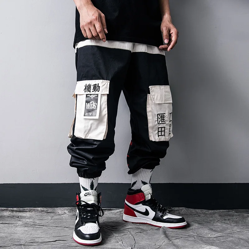 Hip Hop Cargo Pants Men Patchwork Pocket Trousers Elastic Waist Fahsion Harajuku Streetwear Joggers Male Pant US Size GY15