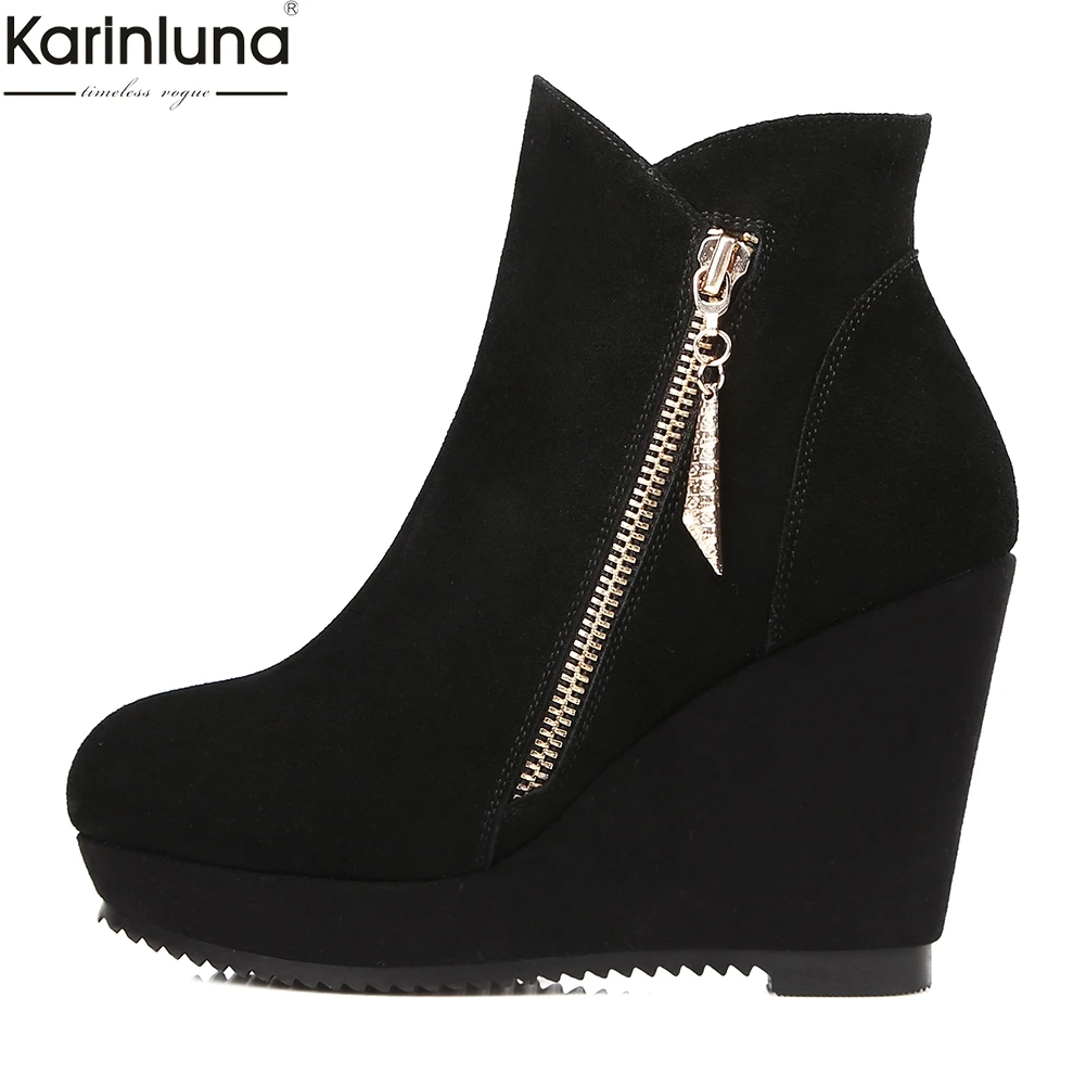 

Karinluna brand new dropship cow suede leather wedge high heels Boots Women Shoes elegant platform suede Woman ankle Boots