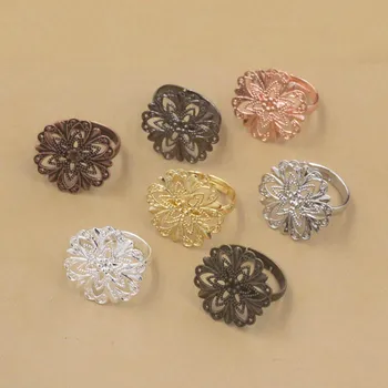 

Blank Adjustable Rings Settings with 20mm Flat Vintage Filigree Circle Flower Bases Rings DIY Findings Multi-color Plated