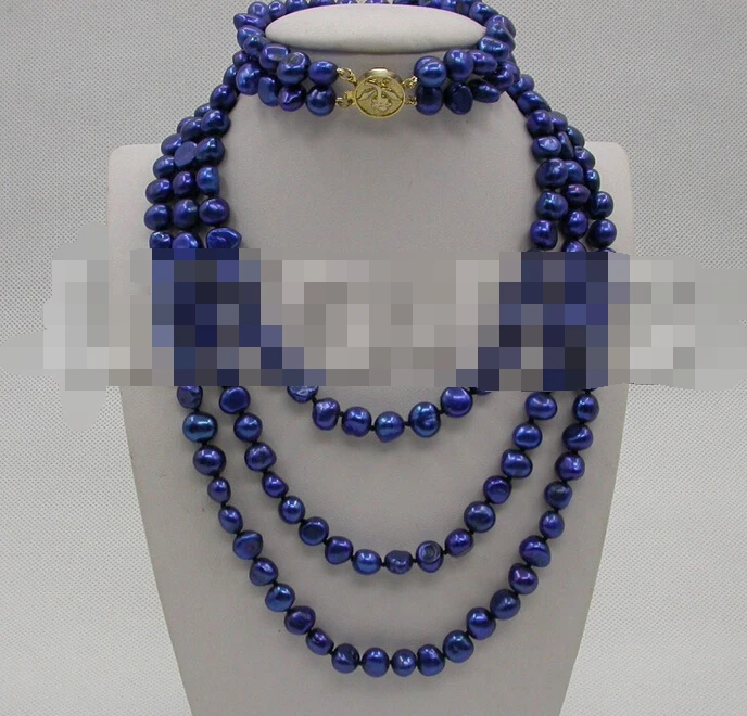

free shipping 12590 baroque navy blue pearls necklace 2row bracelet set