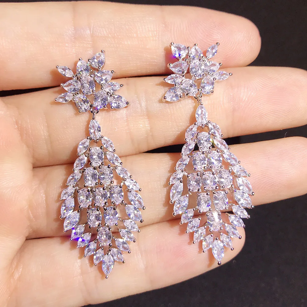 

2019 better New FASHION Clear Plant Design Cubic Zirconia Long Dangle Drop Earrings for Women