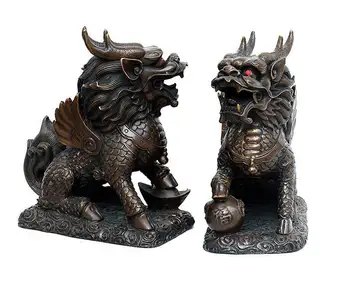 

China Fengshui Pure Brass Wealth Dragon Kylin Qilin Unicorn Chi-lin Statue Pair