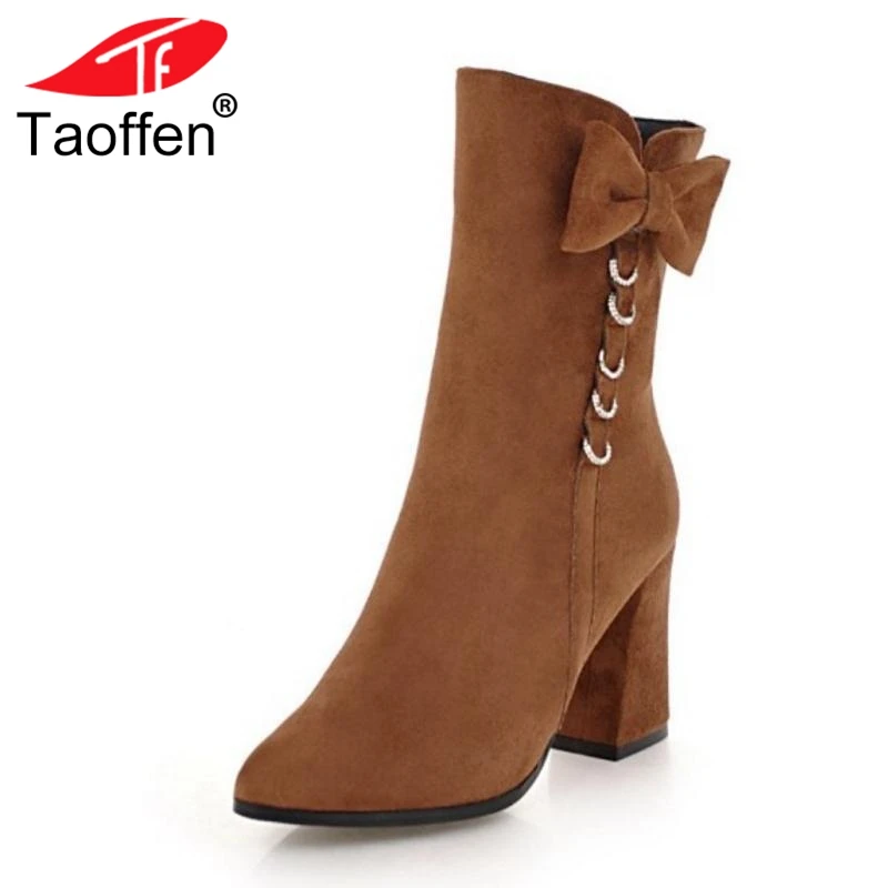 

TAOFFEN Size 33-43 New Women Mid Calf Boots Bowknot Sexy Pointed Toe Fur Winter Shoes Women Zipper Fashion High Heels Boots