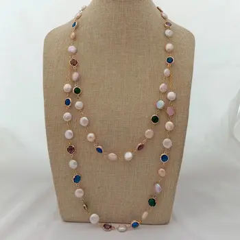 

26" Pink Coin Pearl Mixed Color Crystal Connector Necklace
