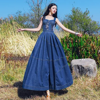 

Free Shiping 2020 New Fashion Women Vintage Cotton Denim Long Maxi Strap Sleeveless Dresses Spring And Autumn Gorgeous Dress S-L