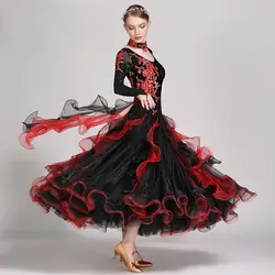 Бального танца Конкурс платья женский, черный с длинным рукавом Rhinestone ручная вышивка Стандартный Производительность танцевальная одежда