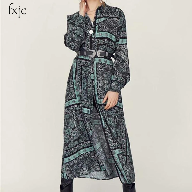 

2019 Spring New Fashion Women Long Sleeve Loose Impression Retro Chain Flap Breasted Ethnic Wind Beach Party Dress
