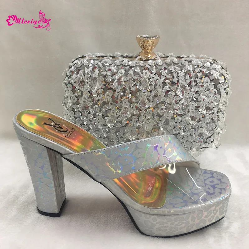 

2019 Hot selling Silver African shoe and bag set for wedding Italian shoe with matching bag design ladies matching shoe and bag