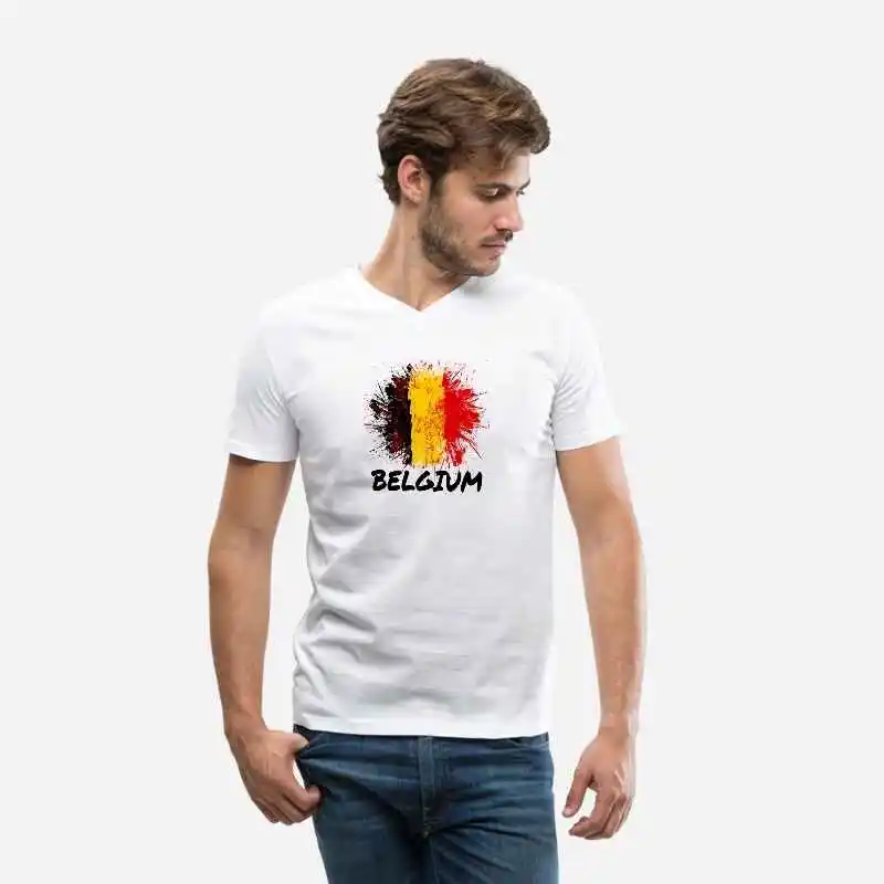 

Belgium Soccer Jersey Shirt Flag Customized Print Football Futbol De Bruyne Fellaini Men's Cotton Breathable V-Neck Fit T Shirt