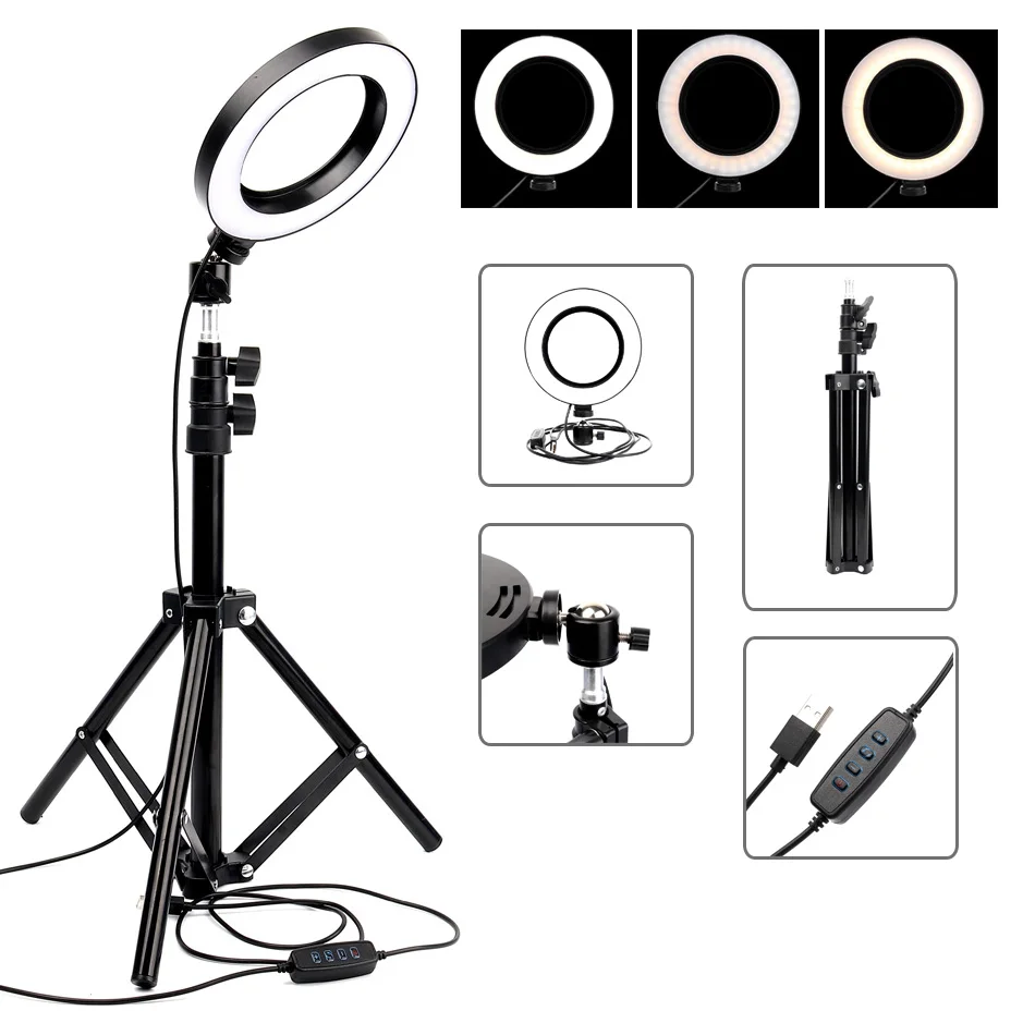 

Camera Photo Photography Studio Phone Video Ring Light Selfie Ring Lamp Lighting With Tripod Phone Holder USB Plug Photo Studio