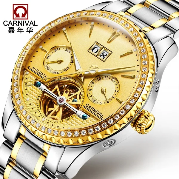 Карнавальные роскошные золотые деловые мужские часы от ведущего бренда, автоматические мужские часы с турбийоном, светящиеся механические часы - Цвет: Silver Gold