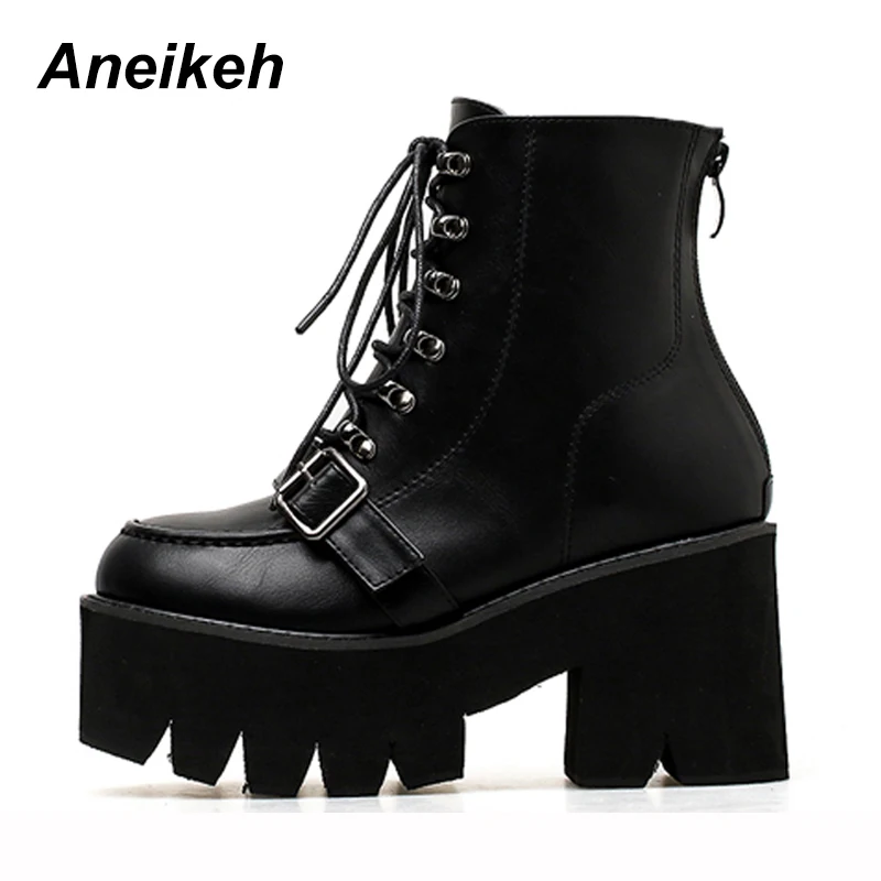 

Aneikeh Punk Boots Platform Shoes Lace Up Boots 2019 Fashion Thick Heel Ankle Boots Women High Heels Autumn Winter Shoes