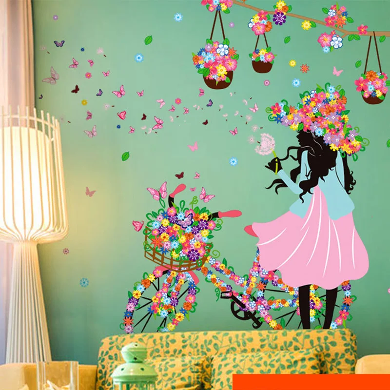 Romantic Butterfly Flower Wall Stickers Home Decor Cycling Girl