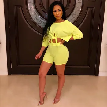 

3 Solid Color 2 Piece Set Women Tracksuit Short Front Tie Shorts Crop Tops Pants Women Outfits Summer Clothes