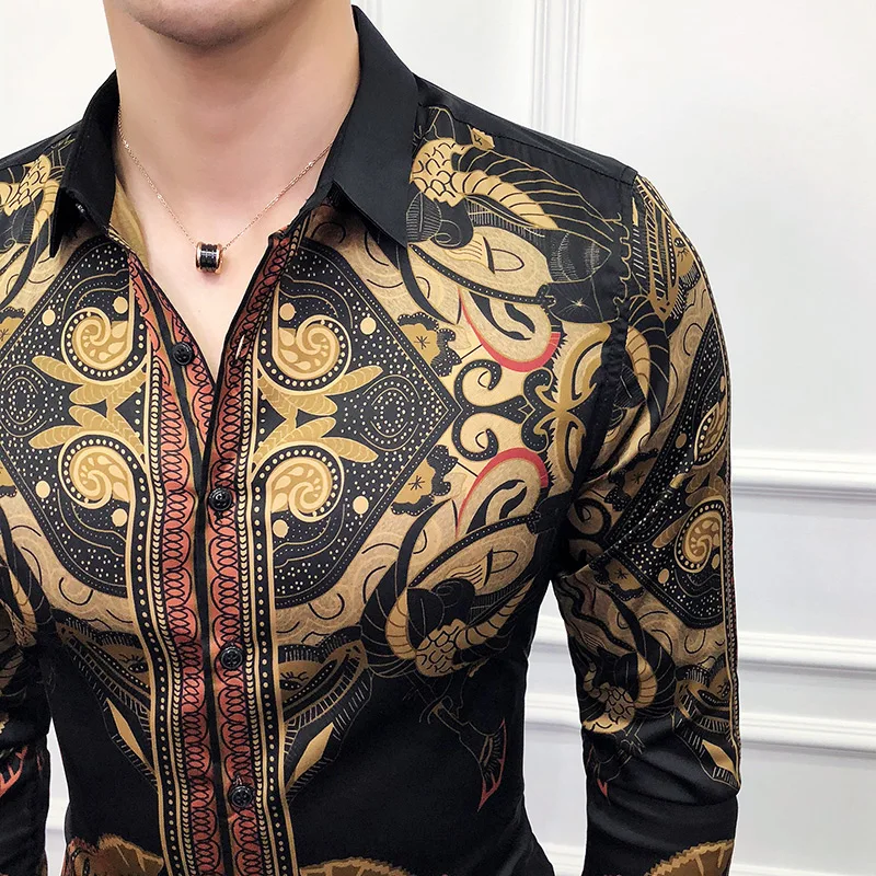 Luxury black gold shirt male new slim long sleeve petticoat fashion men's social club formal shirt evening dress