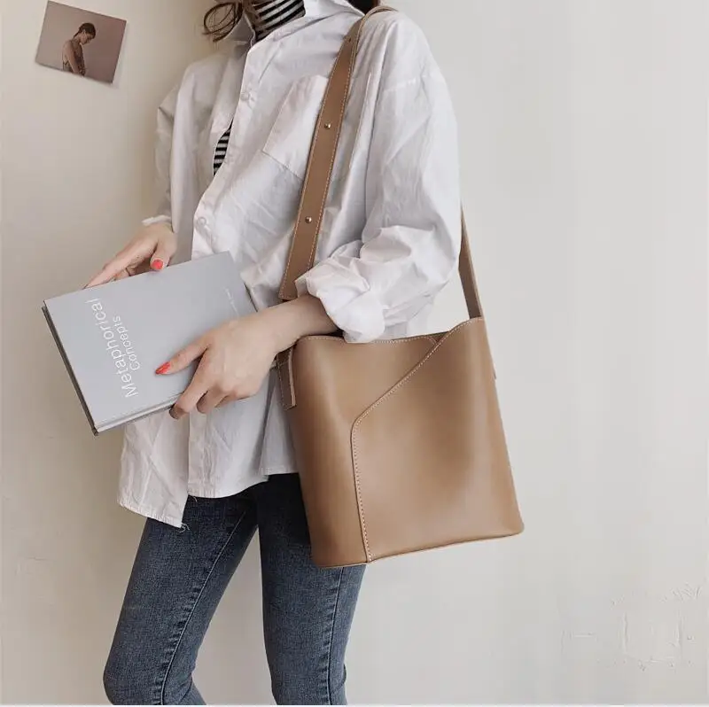 Burminsa винтажные женские сумки через плечо с широким ремешком, большая вместительность, мягкие женские сумки-мессенджеры, композитные сумки, осень - Цвет: Apricot
