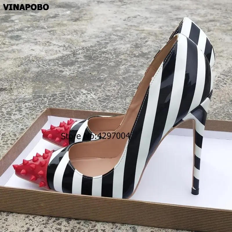 Vinapobo/; Разноцветные туфли-лодочки с заклепками; цвет белый, черный; дизайнерские женские туфли на высоком каблуке-шпильке из лакированной кожи для вечеринки и свадьбы; туфли-лодочки с закрытым носком - Цвет: 12cm