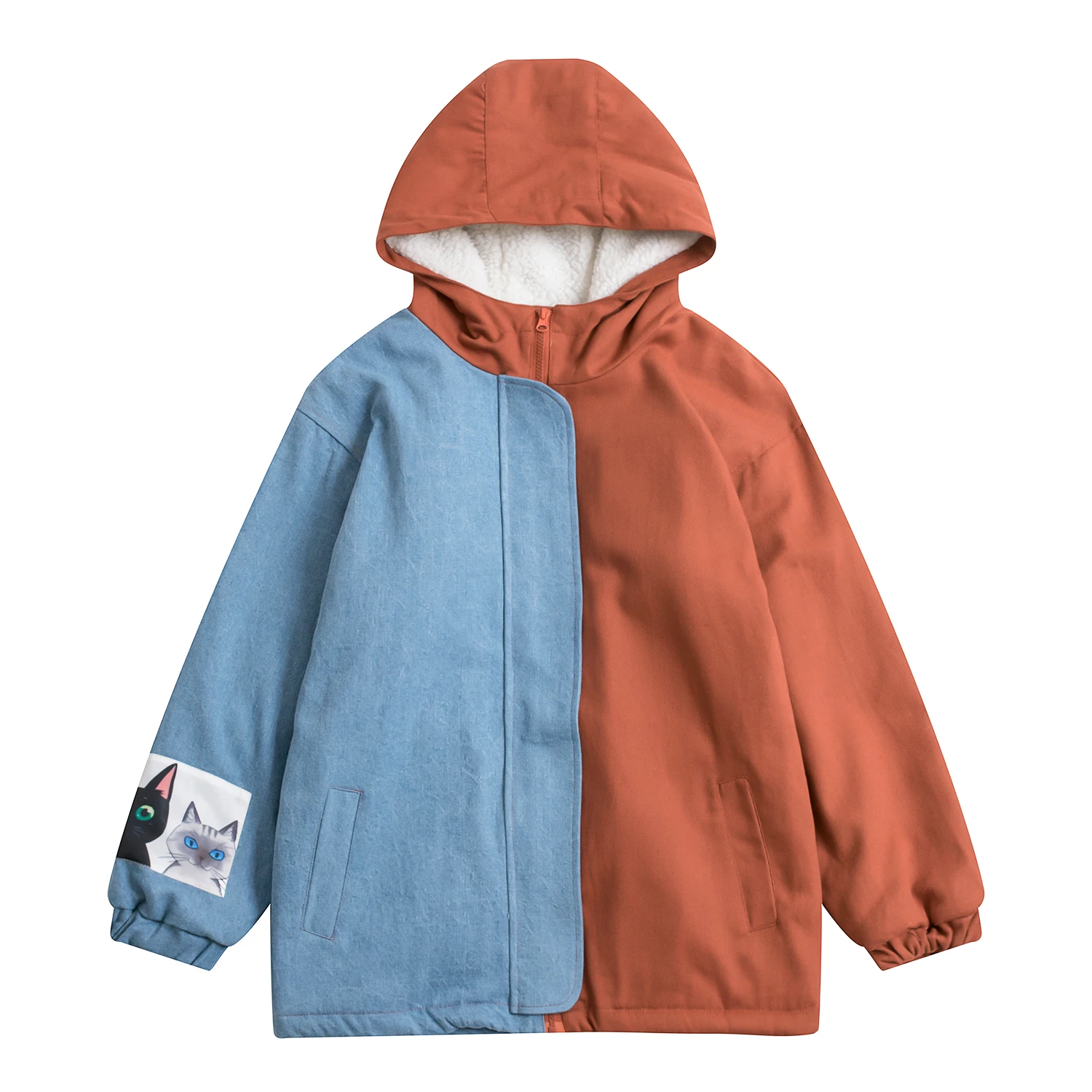 

Winter Jackets Women Warm Coat Casual Hooded Cats Patchwork Denim Stitching Block Velvet Inside Warm Zipper Outwear Pretty Loose