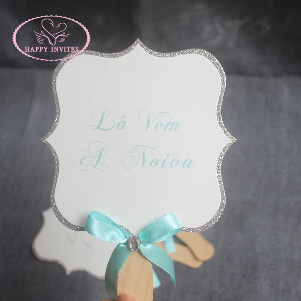 HI9034-05 Customized Glitter Fan Shape Place Card Menu Card Table Card Wedding Program with Wooden Handle