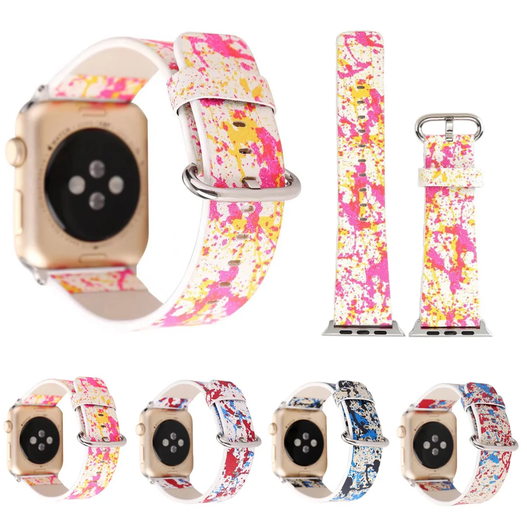 

Colorful Floral Leather Strap for Apple Watch Band Series 3 2 1 Wrist Bracelet for iWatch 38mm 42mm Graffiti Painting Watchbands