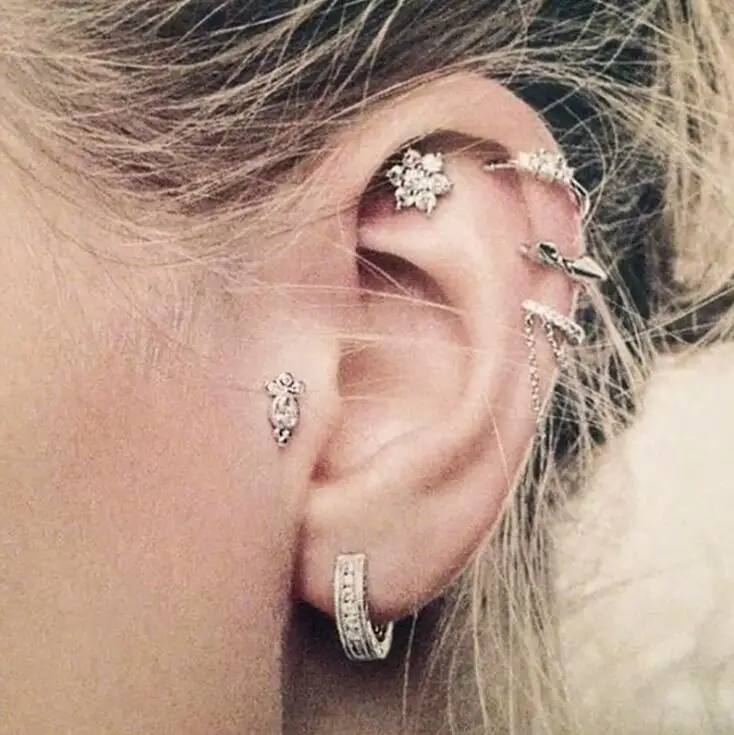 

Lot Hot Flower Long Chain Cuff Earrings Set Ear Piercing Helix Piercing Fake Nose Ring Women Jewelry