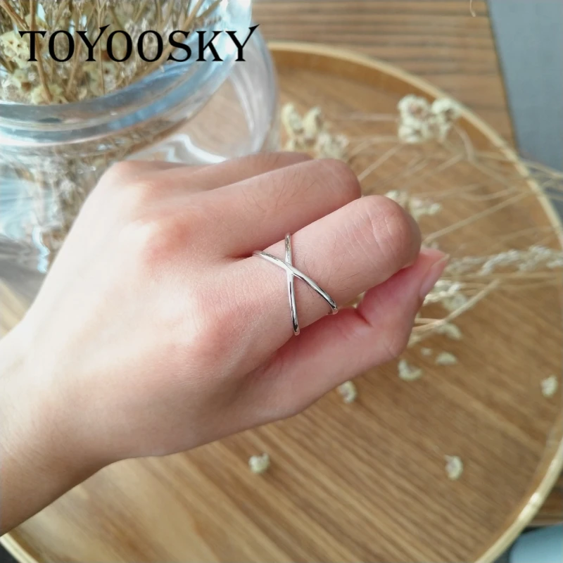 Genuine 925 Silver X Hollow Cross Open Ring Fashion Contracted Simple Adjustable Finger Jewelry For Women Girls Wholesale