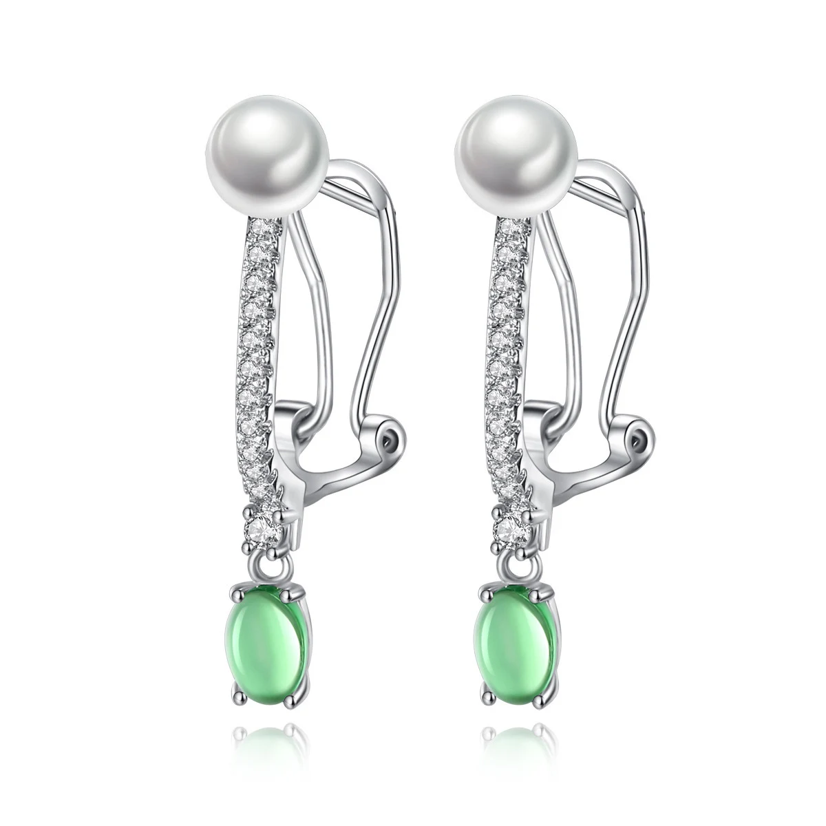 

2019 New Elegant Design Cubic Zirconia Pearl Earrings for Women Vintae Green Color Zircon Ear Clip with Pierced Bride's Jewelry