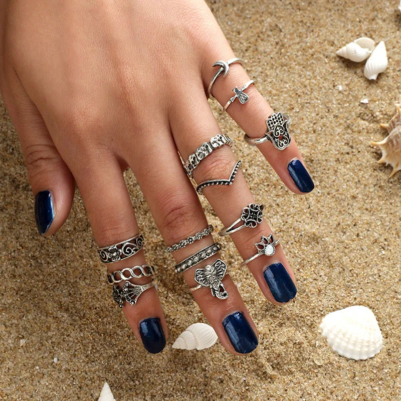 

13 pcs / set Vintage Natural Ring Set Fashion Retro Round Crown Knuckle Rings Jewelry For Women Man BH