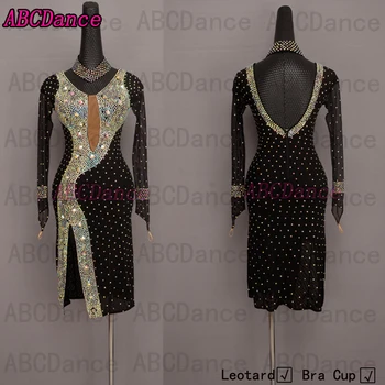 

Latin dance dress latin dress dancing clothing Cha-Cha dancewear baroom dance costumes Crystal AB mesh Sexy latin long sleeves