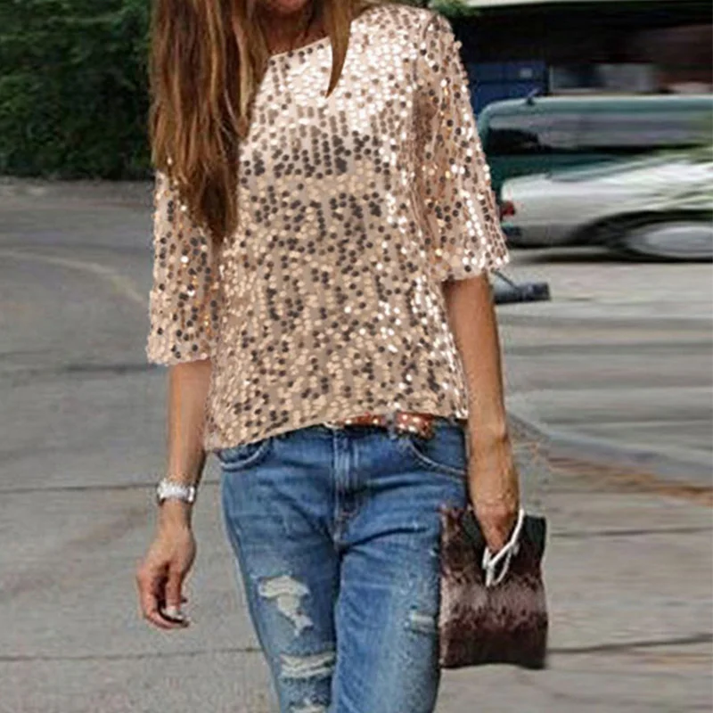 Women's Sequin T-Shirt Top Black Sexy O-Neck Collar Tee Shirts Tops Female 2019 Summer Solid Shiny Pullover Clubwears Clothes