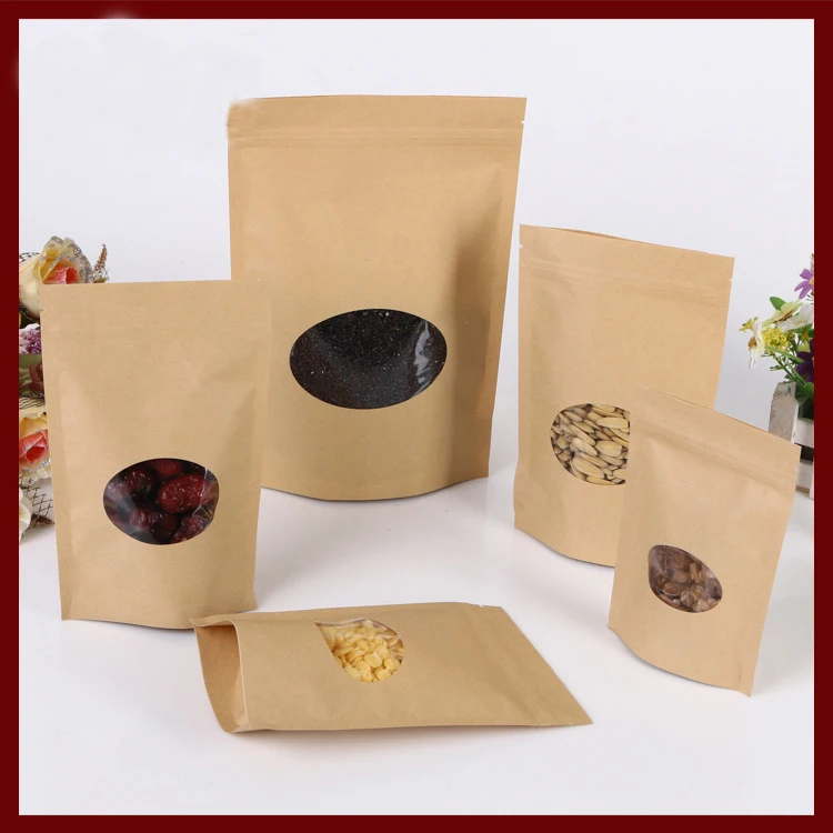 

13*20+4cm 20pcs Kraft Paper Ziplock Window Bag For Gift/tea/candy/jewelry/bread Packaging Paper Food Bag Diy Jewelry Display