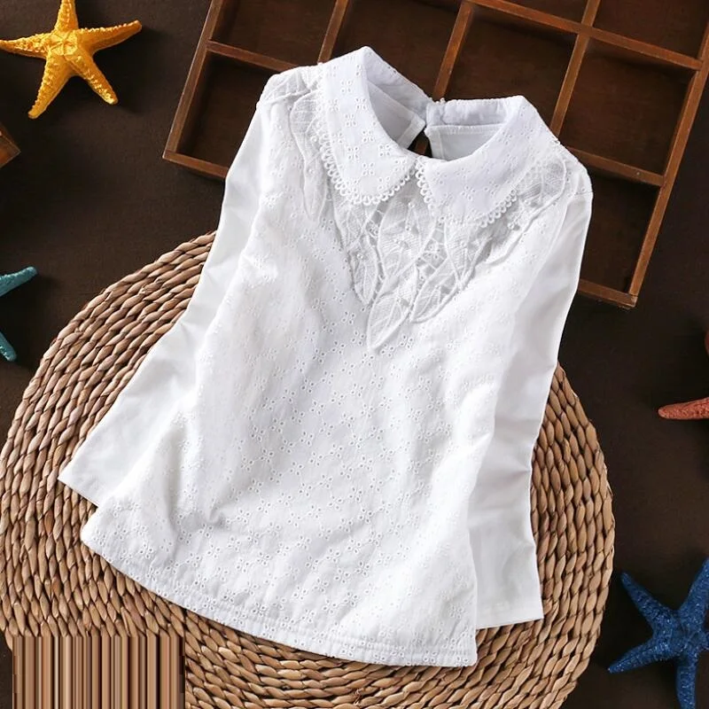 Осенняя белая блузка для девочек, рубашки кружевные топы для девочек-подростков, детская хлопковая рубашка с длинными рукавами одежда для детей 6, 8, 10, 12 лет
